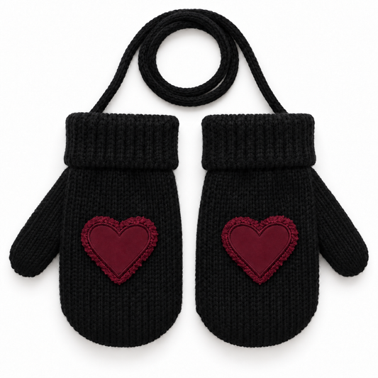 Black Mittens Burgandy Heart