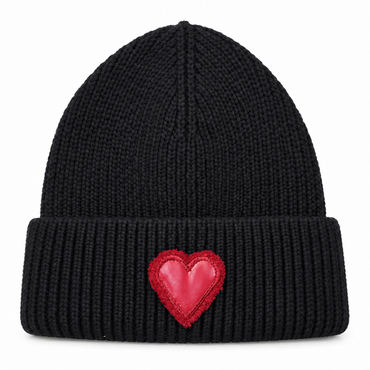 Black Beanie - Burgandy Heart