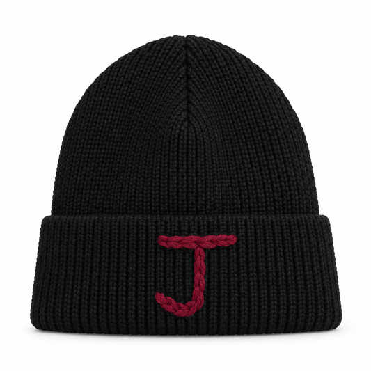 Black "J" Beanie- Burgandy J